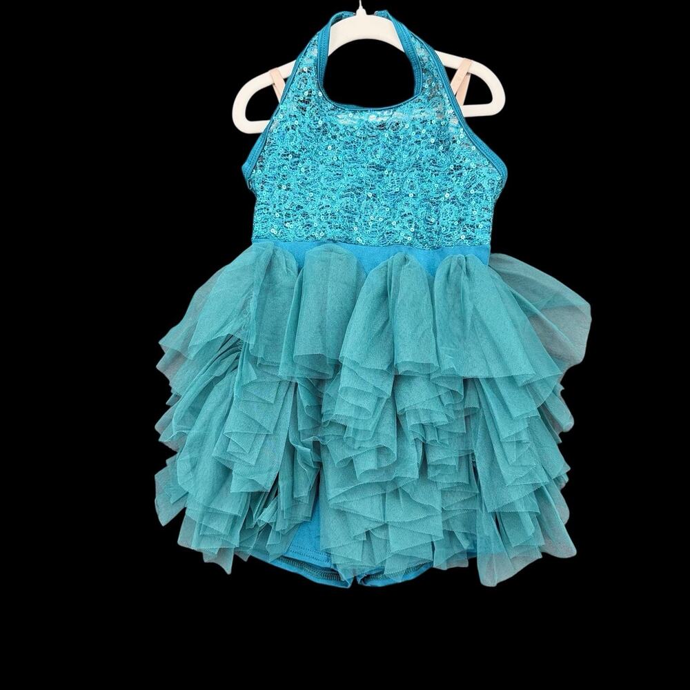 Curtain Call Blue Teal Ruffle Tutu Dance Costume Sz CME Kids Medium